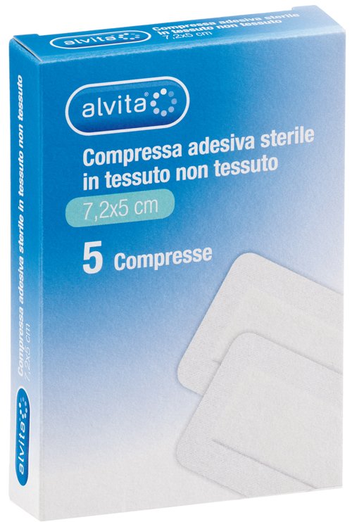 ALVITA GARZA COMPRESSA ADESIVA STERILE IN TESSUTO NON TESSUTO ESTENSIBILE BIANCO 7,2X5CM 5 PEZZI