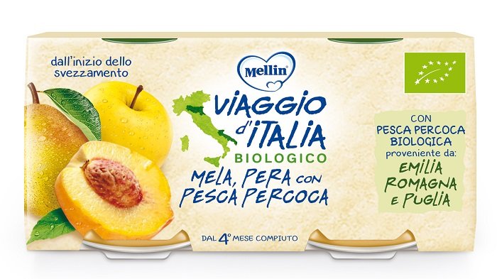 MELLIN VIAGGIO ITALIA BIO OMOGENEIZZATO MELA+PERA+PESCA PERCOCA 2 X 100 G
