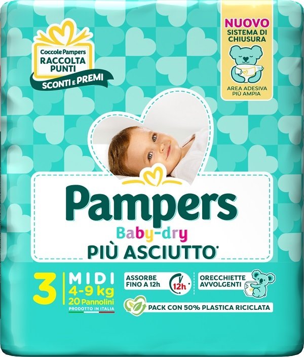 PAMPERS BABY DRY PANNOLINO DOWNCOUNT MIDI 20 PEZZI