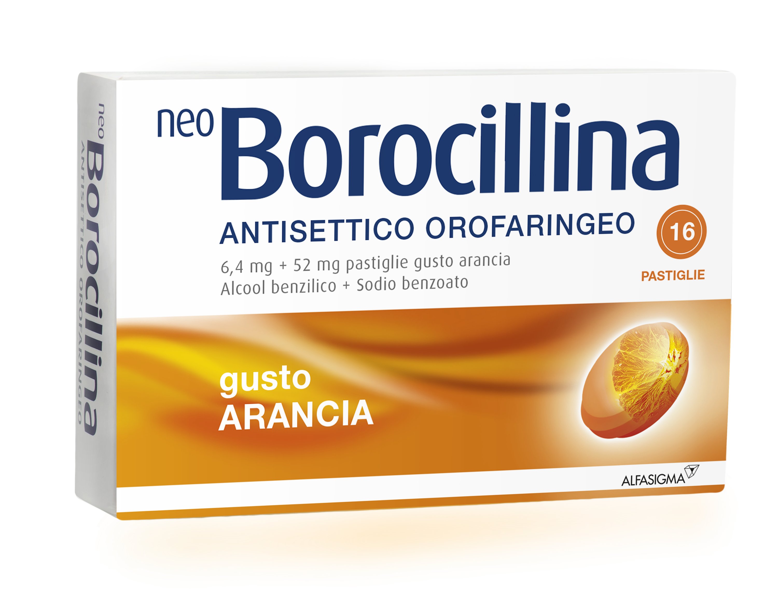 NEO BOROCILLINA ANTISETTICO OROFARINGEO 6,4 MG + 52 MG 6,4 MG + 52 MG PASTIGLIE GUSTO ARANCIA, 16 PASTIGLIE IN BLISTER AL/PVC