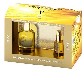 REPHASE BOX CON 1 OROPURO TRATTAMENTO SOLARE PROTETTIVO VISO E CORPO + OROPURO HAIR SUN PROTECTION WATERPROOF + POCHETTE
