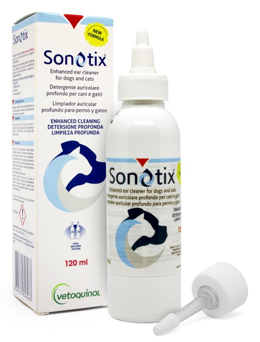 SONOTIX DETERGENTE AURICOLARE PROFONDO CANI E GATTI 120 ML + CANNULA CORTA RIGIDA + CANNULA LUNGA FLESSIBILE