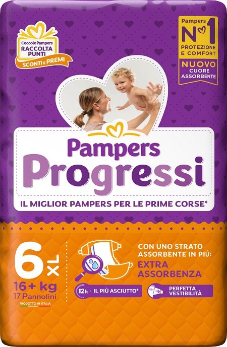 PAMPERS PROGRESSI EXTRALARGE PANNOLINO 6+ 16+KG 17 PEZZI