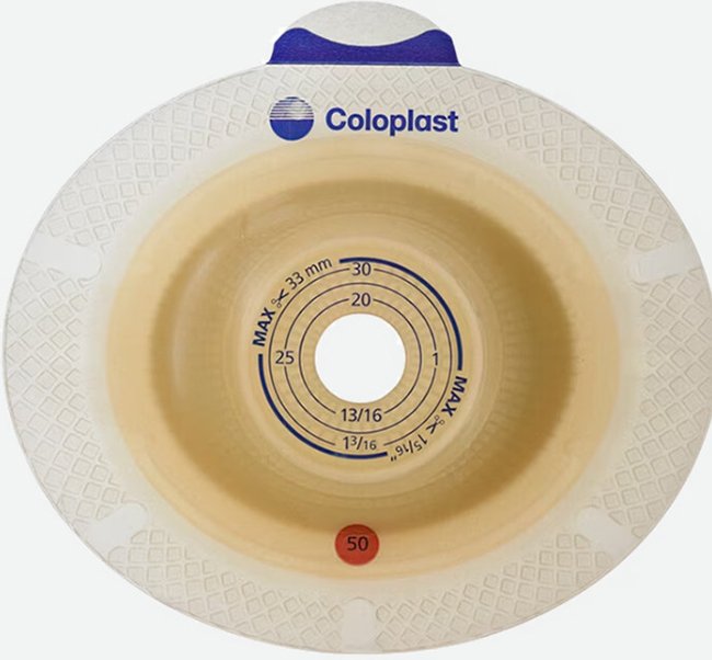 PLACCA PER UROSTOMIA SISTEMA A 2 PEZZI SENSURA XPRO CONVEX LIGHT FORO RITAGLIABILE 15-33MM FLANGIA 50MM 5 PEZZI