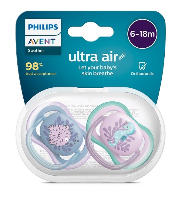 AVENT ULTRA AIR CIUCCIO ORTODONTICO 6-18 MESI PESCE PALLA/CAVALLUCCIO MARINO 2 PEZZI