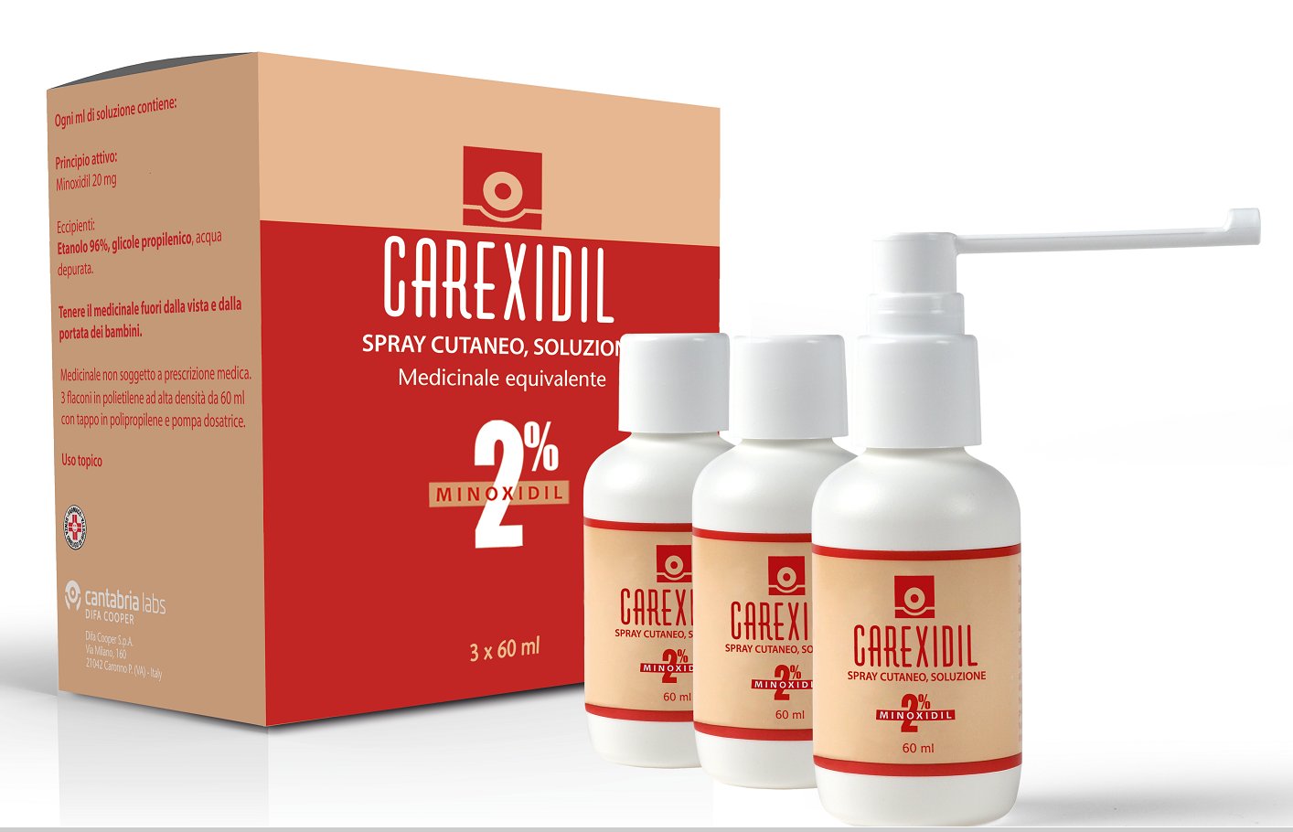 CAREXIDIL 2% SPRAY CUTANEO, SOLUZIONE 2% SPRAY CUTANEO SOLUZIONE, 3 FLACONI IN HDPE DA 60 ML CON POMPA DOSATRICE