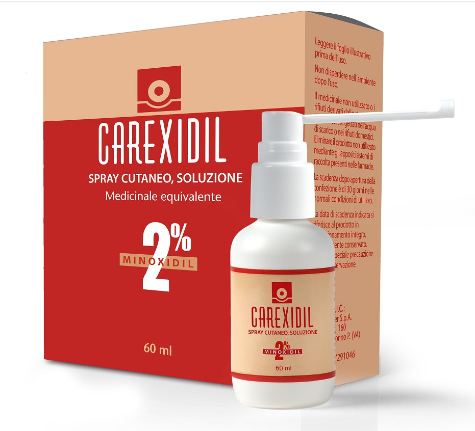 CAREXIDIL 2% SPRAY CUTANEO, SOLUZIONE 2% SPRAY CUTANEO SOLUZIONE, 1 FLACONE IN HDPE DA 60 ML DOTATO DI POMPA DOSATRICE