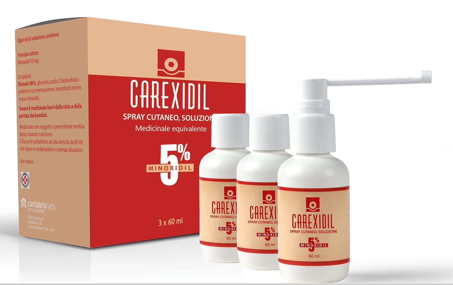 CAREXIDIL 5% SPRAY CUTANEO, SOLUZIONE 5% SPRAY CUTANEO SOLUZIONE, 3 FLACONI IN HDPE DA 60 ML CON POMPA DOSATRICE