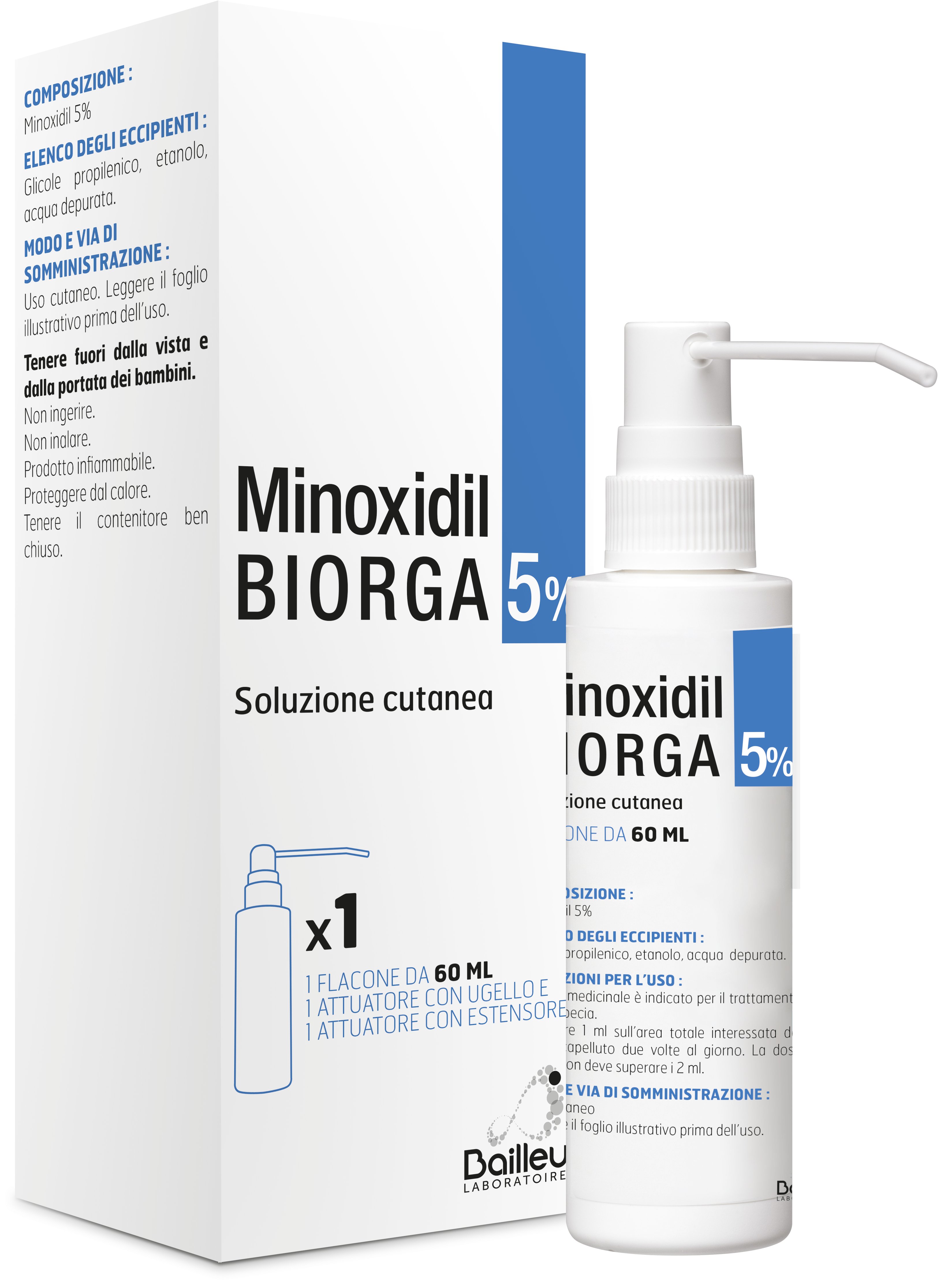 MINOXIDIL BIORGA 5% SOLUZIONE CUTANEA 5% SOLUZIONE CUTANEA 1 FLACONE HDPE 60 ML CON POMPA SPRAY E APPLICATORE