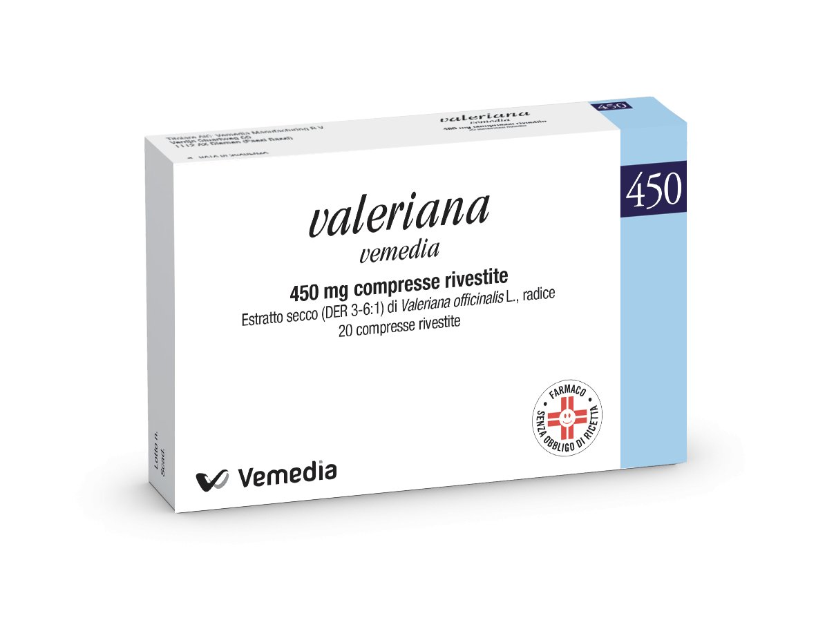 VALERIANA VEMEDIA 450 MG COMPRESSE RIVESTITE 450 MG COMPRESSE RIVESTITE 20 COMPRESSE IN BLISTER PVC/PVDC-AL