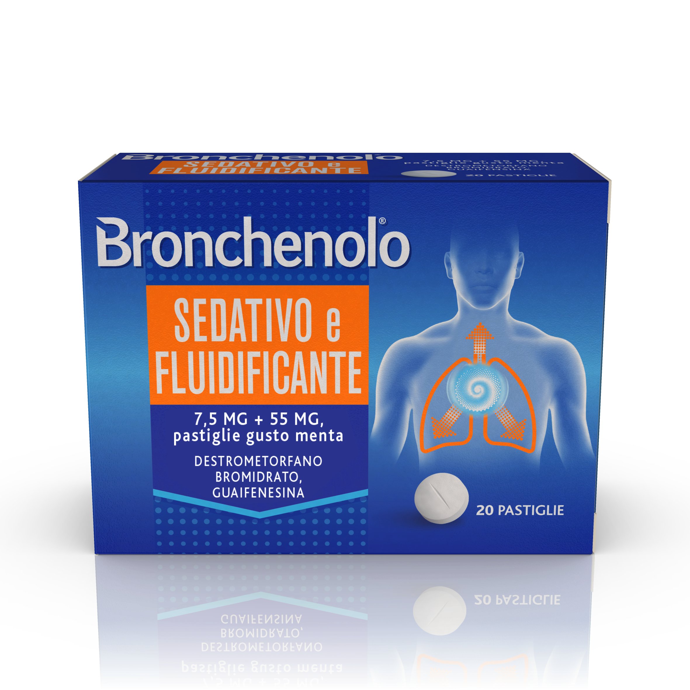BRONCHENOLO SEDATIVO E FLUIDIFICANTE 7,5 MG + 55 MG PASTIGLIE GUSTO MENTA 20 PASTIGLIE