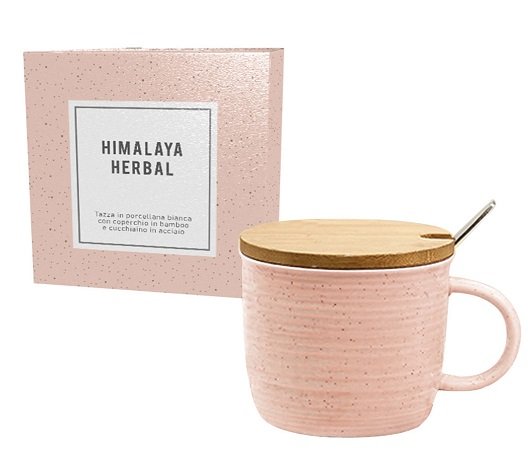 HIMALAYA HERBAL TAZZA IN PORCELLANA BIANCA CON COPERCHIO IN BAMBOO E CUCCHIAINO IN ACCIAIO ROSA