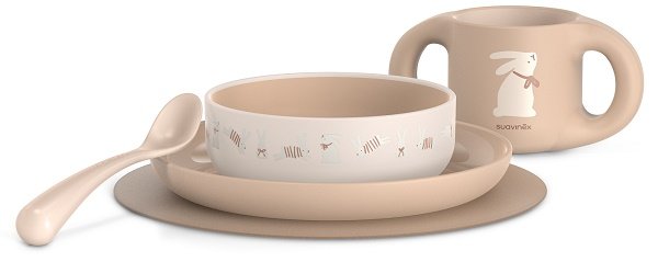 SUAVINEX WONDERLAND SET SVEZZAMENTO ROSA TOVAGLIETTA ANTISCIVOLO + CUCCHIAIO + TAZZA + PIATTO PIANO + SCODELLA